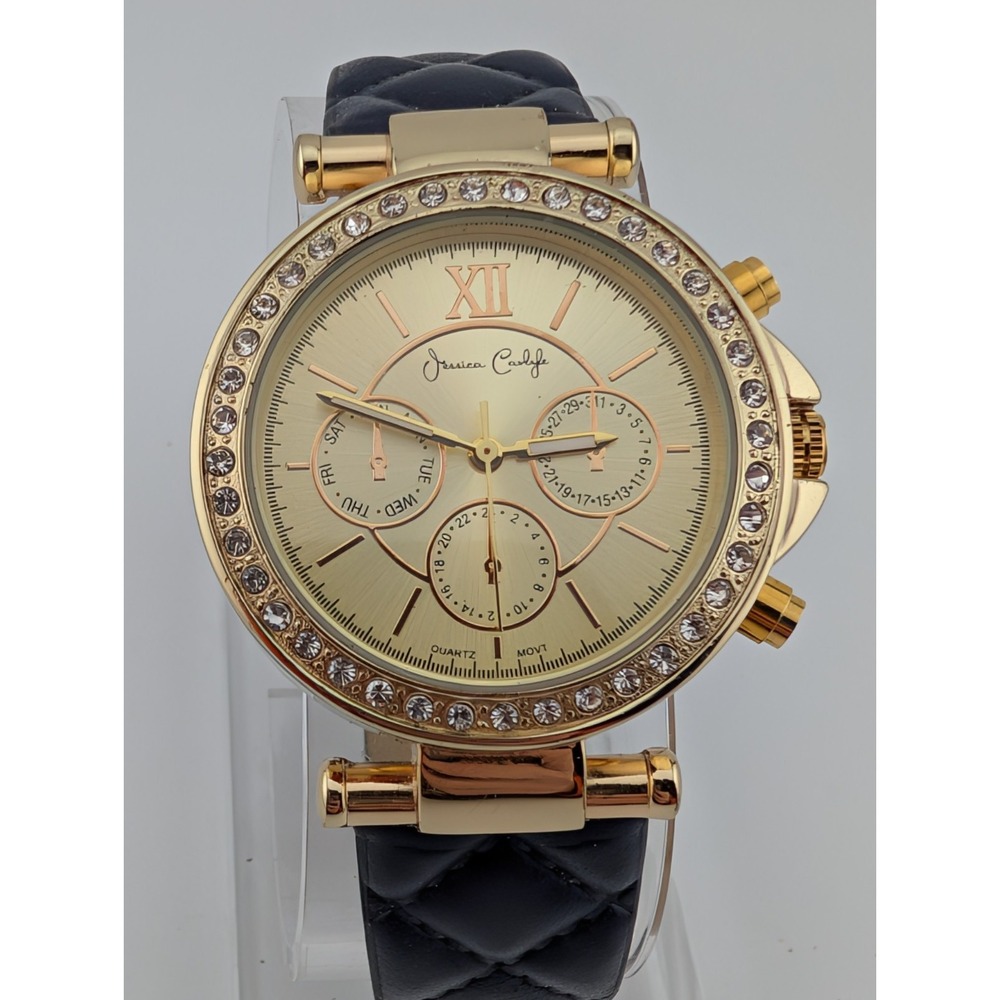 Jessica‎ Carlyle Watch Women 36mm Gold Case Navy Blue Band- New Battery